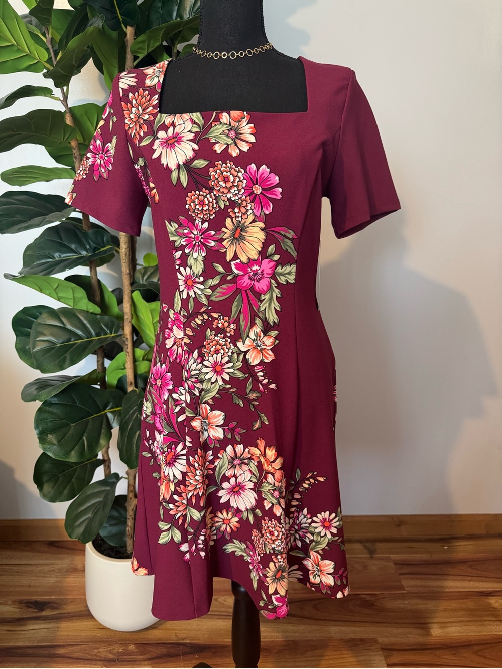 London Times One-Shoulder Floral A-Line Dress in Burgundy and Pink